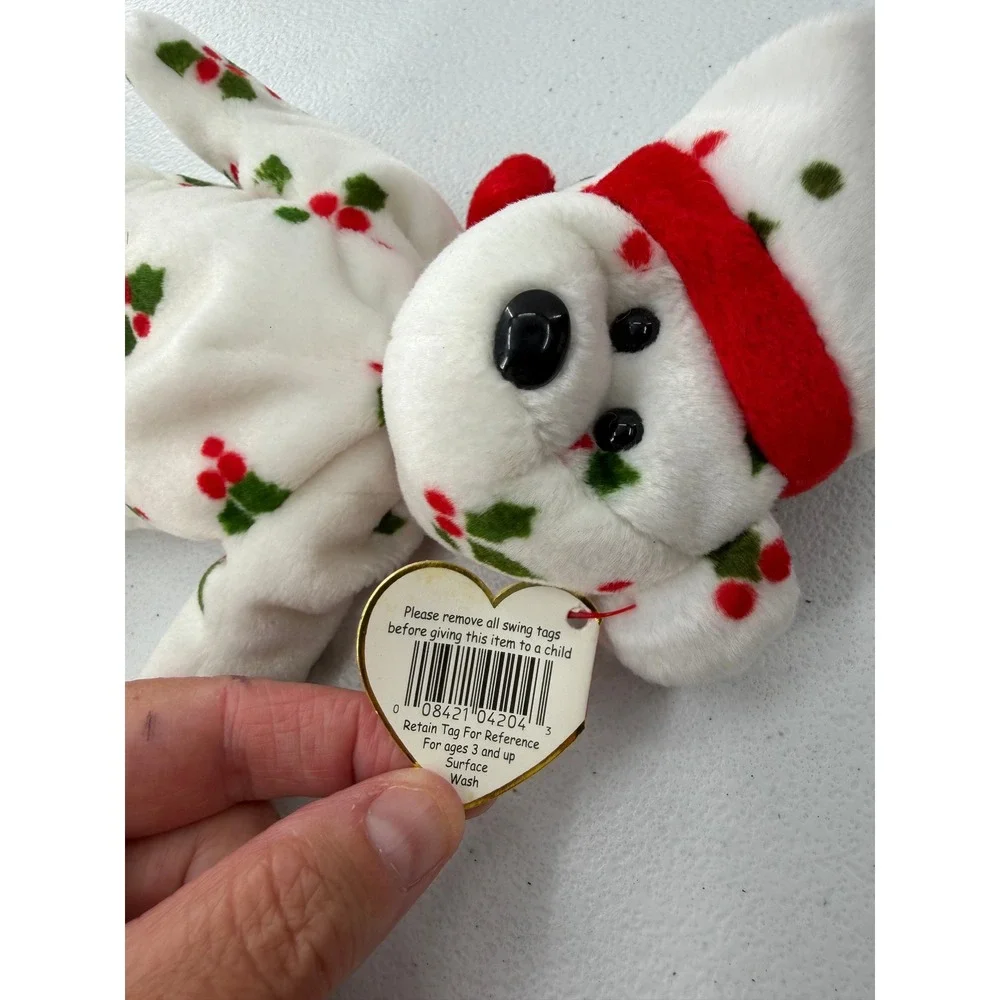 Ty Beanie Baby 1998 Holiday Teddy White Holly Berry Christmas Bear Plush 8.5 in